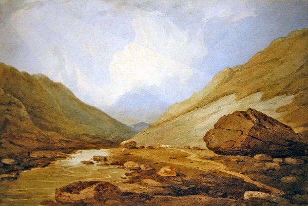 Näkymä Llanberisin solassa (vesiväri paperille) tekijältä John Varley