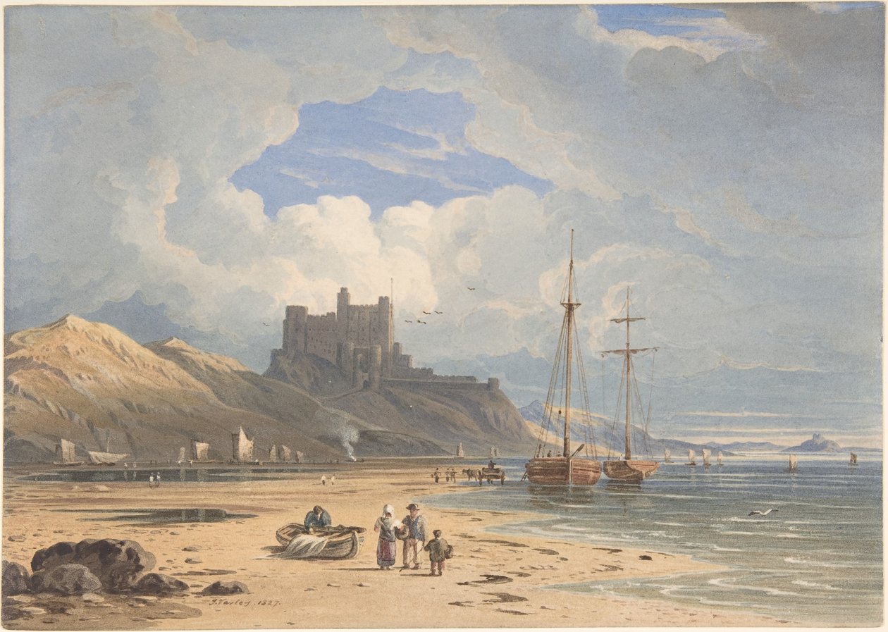 Bamburghin linna koillisesta nähtynä, Holy Island etäällä, Northumberland tekijältä John Varley