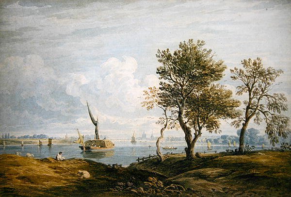 Battersea Banks of the Thamesista (akvarelli) tekijältä John Varley