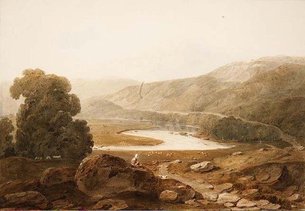 No.1607 Vale of the River Mawddach, Wales, n. 1805 (akvarelli ja musta liitu paperille) tekijältä John Varley