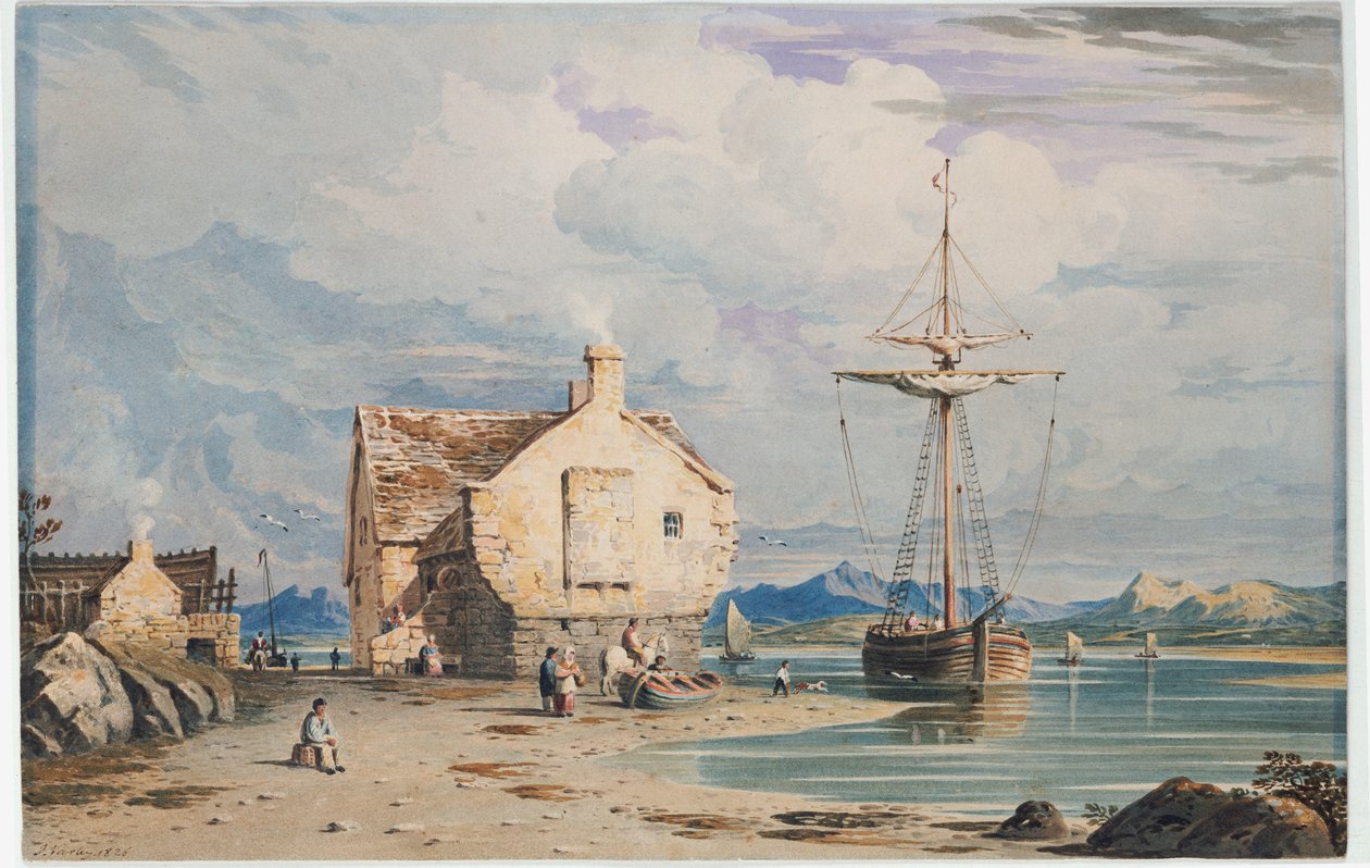 Tegwin-lautta, jossa Snowdon on kaukana, Harlechin läheltä, Pohjois-Walesista, 1826 tekijältä John Varley