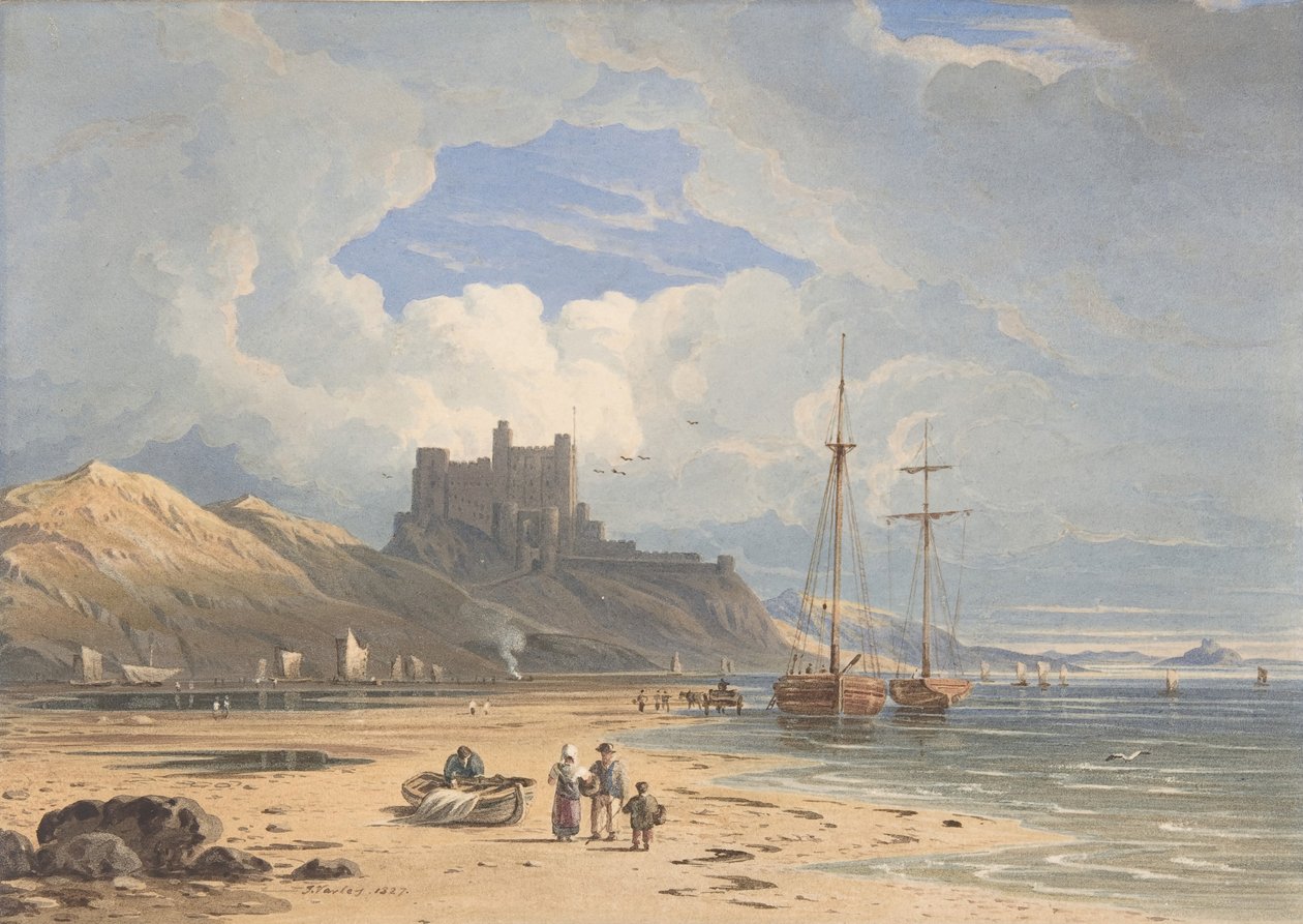 Bamburghin linna koillisesta, ja Holy Island kaukana, Northumberland, 1827. tekijältä John Varley I