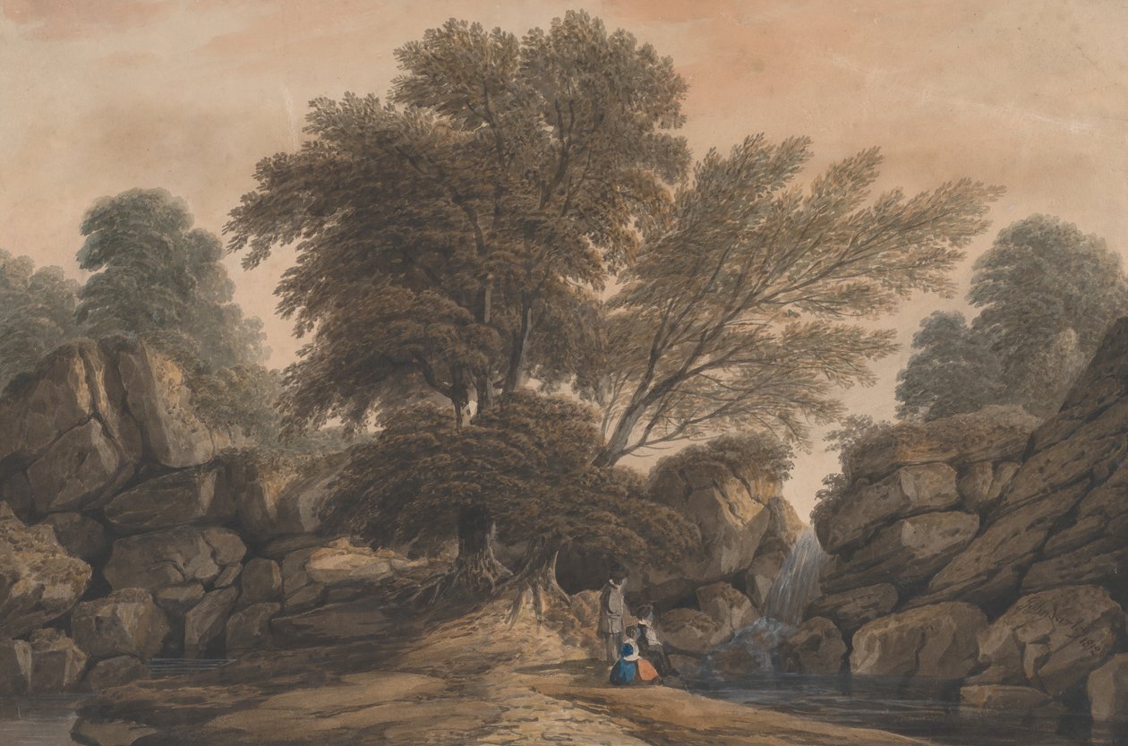 Figuurit vesiputouksen ja uima-altaan vieressä metsäisessä maisemassa, 1812. tekijältä John Varley I