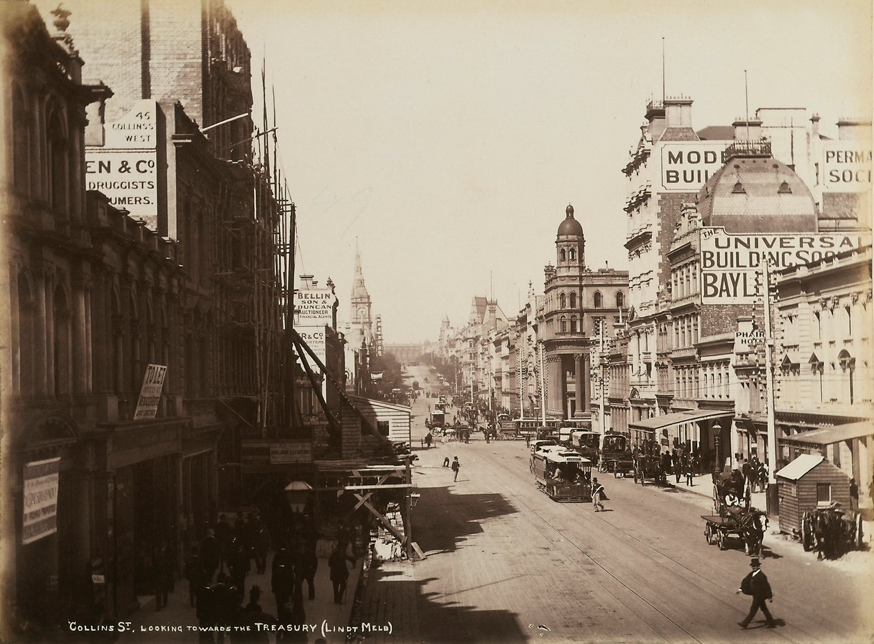 Collins Street, Melbourne, noin 1880 tekijältä John W. Lindt