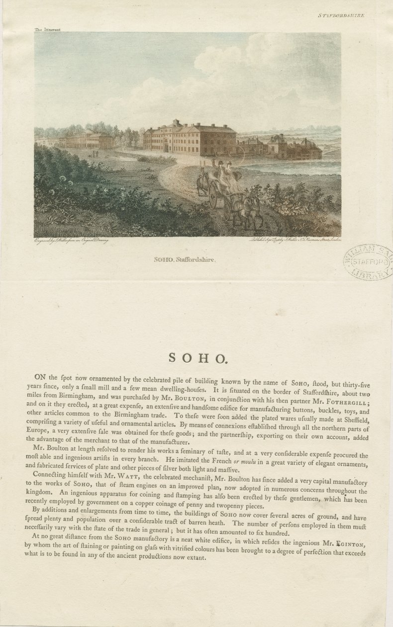 Soho Manufactory: värillinen kaiverrus, nd [c 1798] tekijältä John Walker