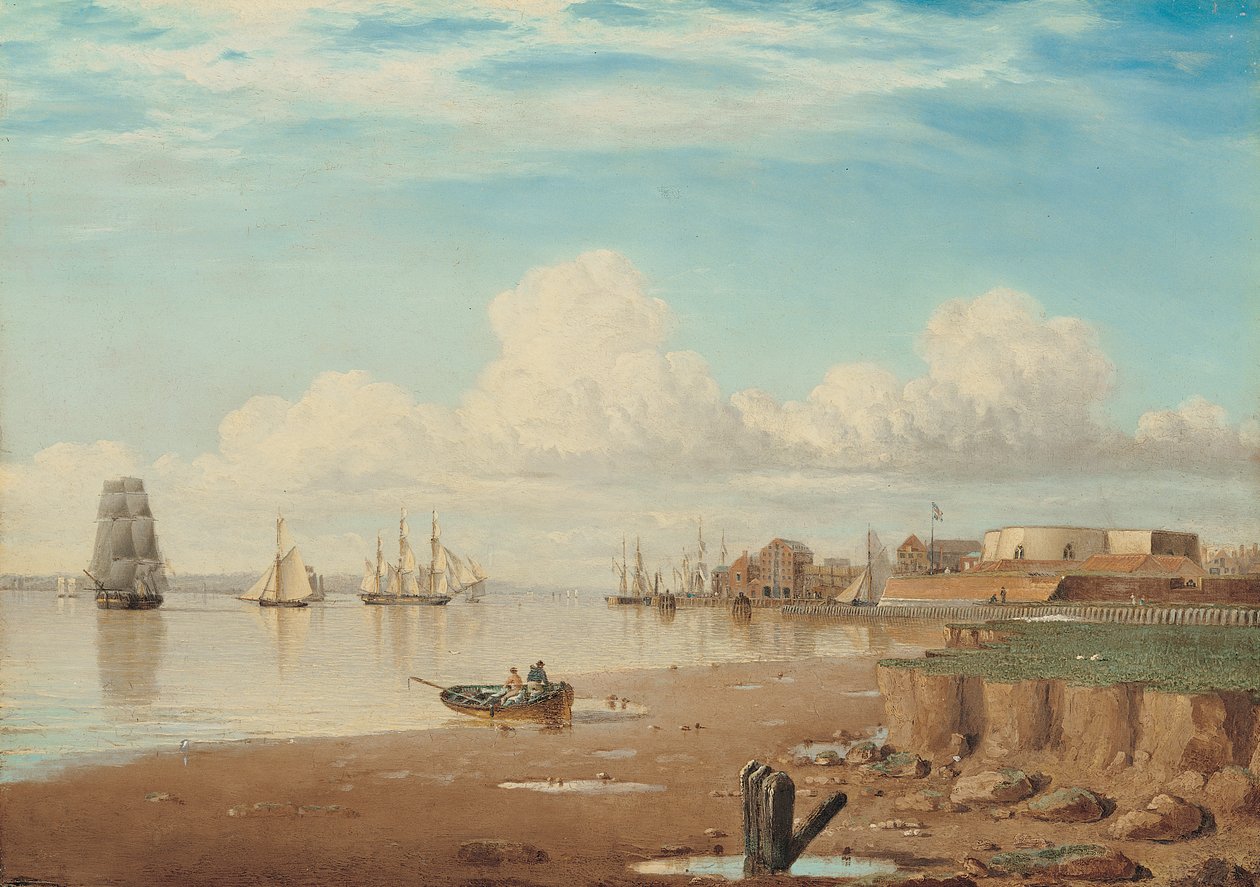 Laivoja Humberilla ja eteläinen korttelitalo, 1830-luvun alku (öljy paneelille). tekijältä John Ward