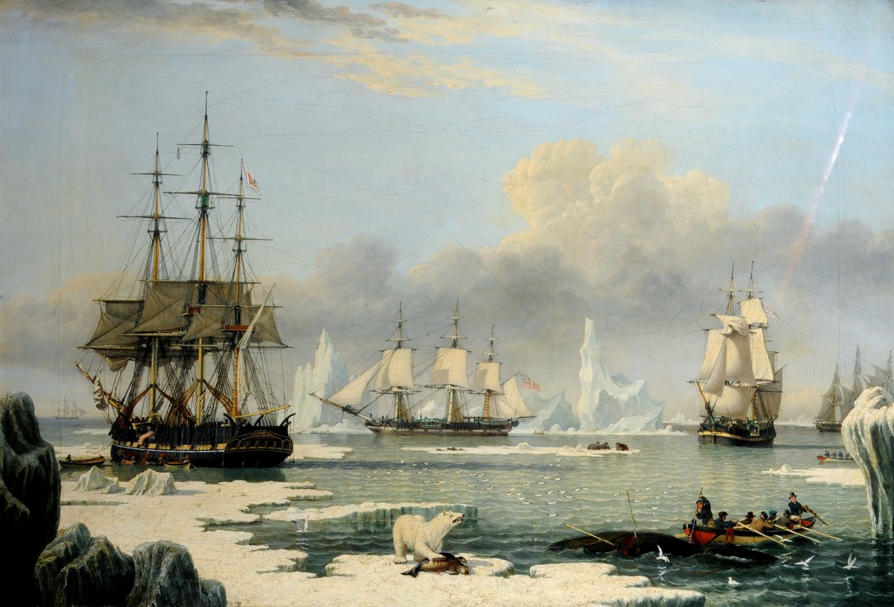 Valaanpyytäjät arktisella alueella 1820-49, noin 1830 (öljy kankaalle). tekijältä John Ward