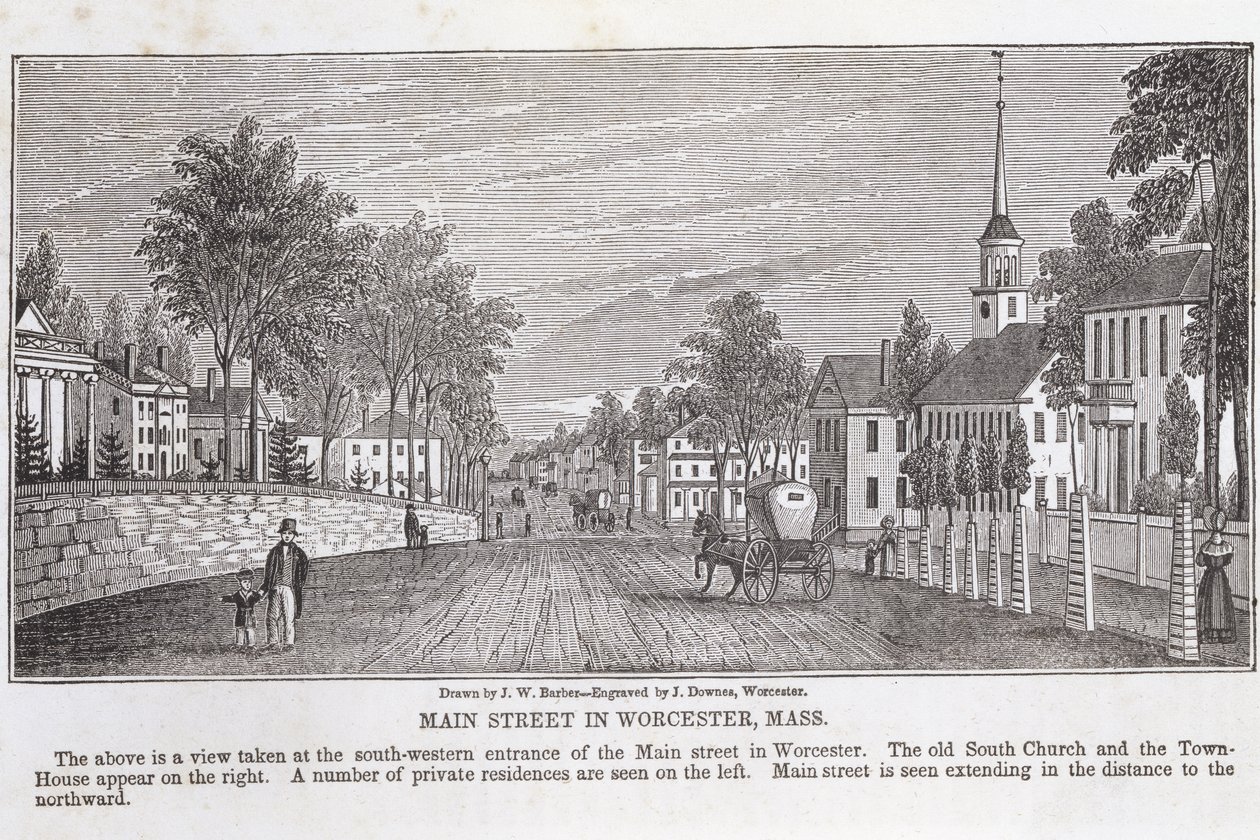 Pääkatu Worcesterissa, Historical Collections of Massachusettsista, John Warner Barber, kaiverrus J. Downes, 1839 tekijältä John Warner Barber