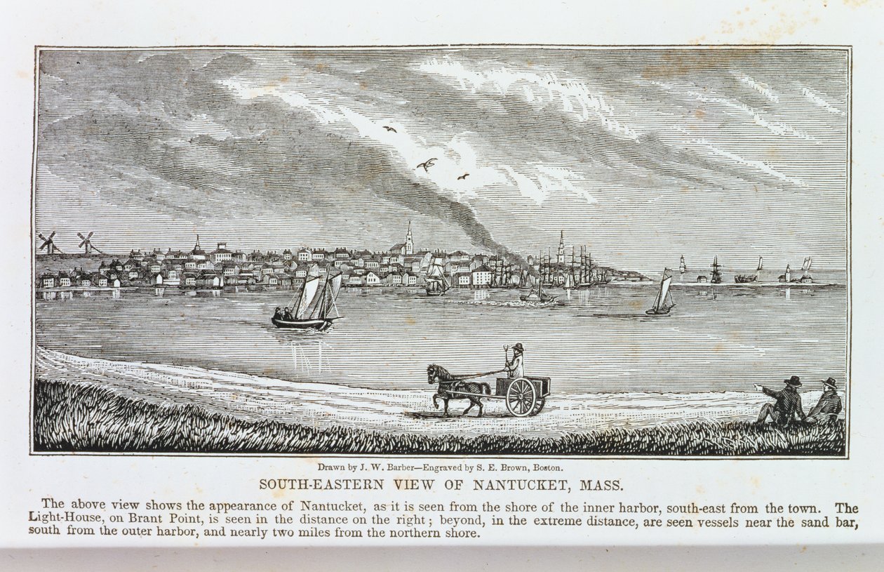 Kaakkoisnäkymä Nantucketista, "Massachusettsin historialliset kokoelmat", John Warner Barber, kaiverrus S. E. Brown, 1839 tekijältä John Warner Barber