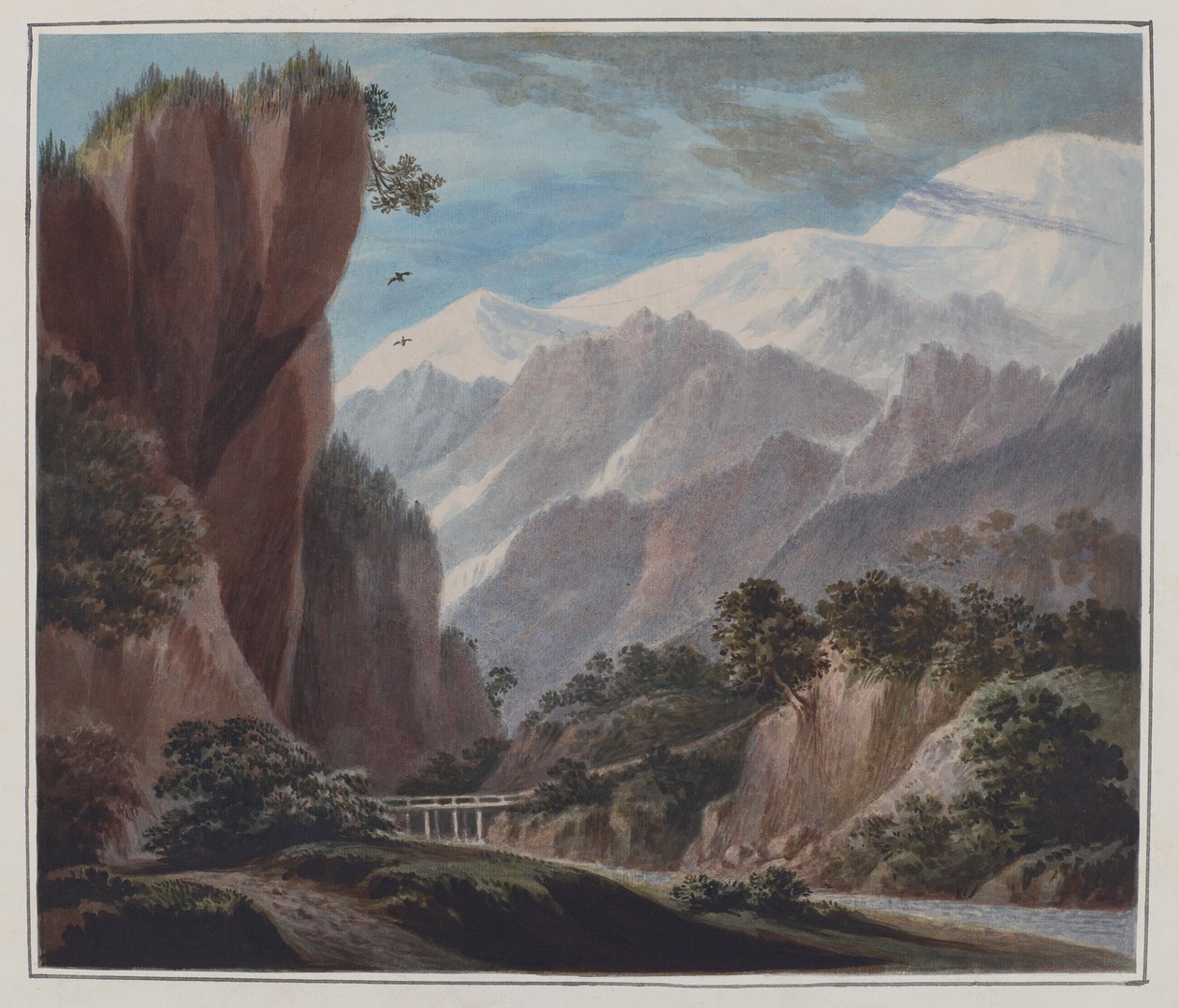 Nousemassa Sallanchesin laaksosta Chamonixiin, n. 1781 (akvarelli, lyijykynä ja arabikumi paperille) tekijältä John Warwick Smith