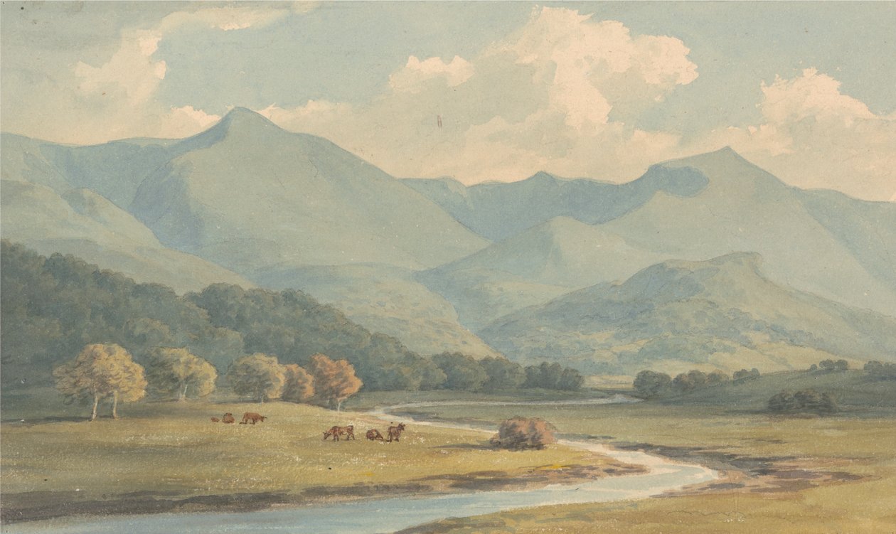 Carnedd Llewelyn ja Carnedd David, Carnarvonshire, nähty Ogwen-joen toisella puolella tekijältä John Warwick Smith