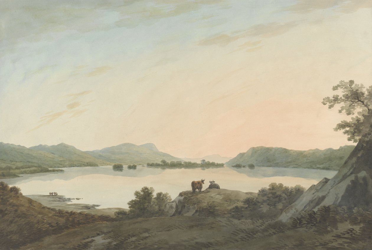 Windemere-järvi Calgarthista ja Belle Isle (akvarelli grafiitilla paperille). tekijältä John Warwick Smith