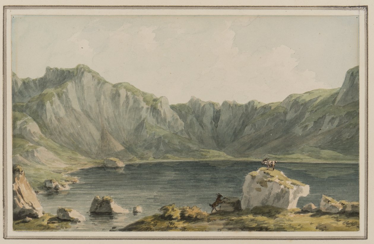 Llyn Idwal, sen lähestyminen Llyn Ogwenista, Carnarvonshire, n. 1795 (wc paperilla) tekijältä John Warwick Smith