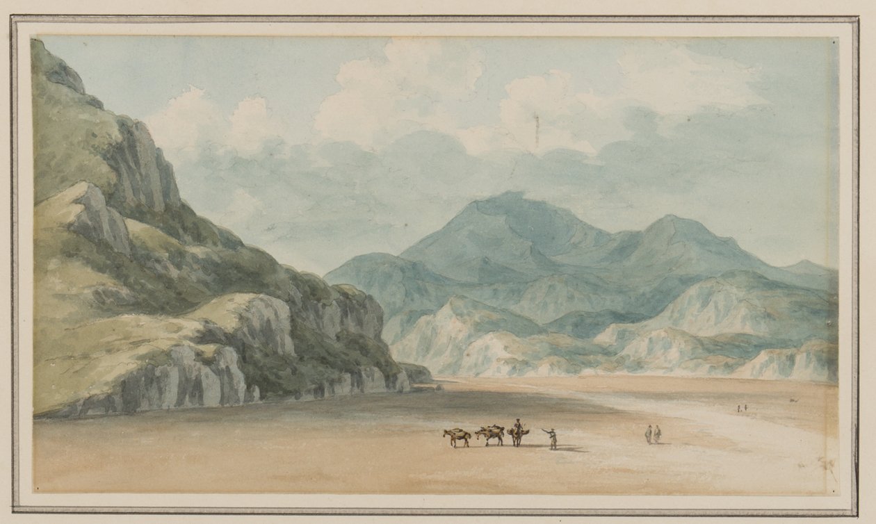 Näkymä Fraeth Mawr Sandsiin kohti Snowdonia, niiden ylittämisestä Penmorsan ja Cynantin välillä, Merionethshire, 21. heinäkuuta 1795 (wc paperilla) tekijältä John Warwick Smith