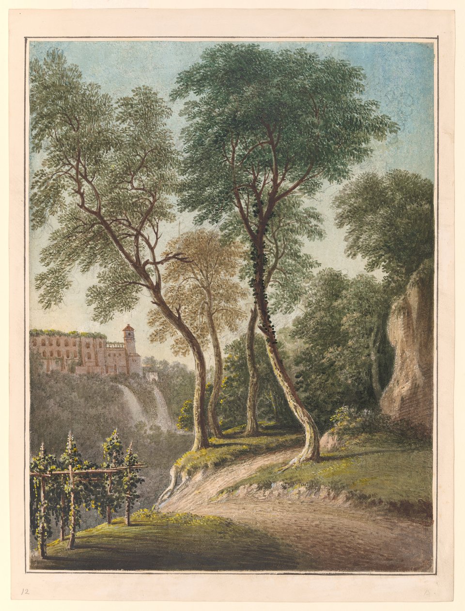 Villa Of The Maecena And The Cascatelli, Tivoli, n. 1781 (akvarelli, guassi ja kynä) tekijältä John Warwick Smith
