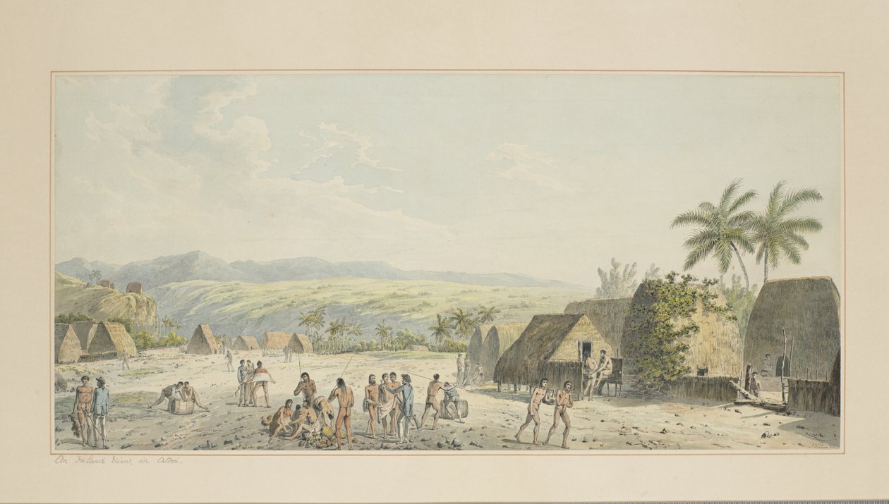 19: Näkymä sisämaahan Atooille, sarjasta akvarelleja, jotka kuvaavat kapteeni Cookin viimeistä matkaa, n. 1773-84 tekijältä John Webber