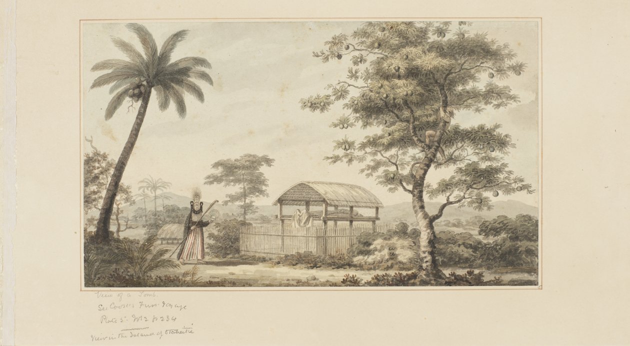 45: Näkymä haudalle, sarjasta akvarelleja, jotka kuvaavat kapteeni Cookin viimeistä matkaa, n. 1773-1784 (akvarelli paperille) tekijältä John Webber