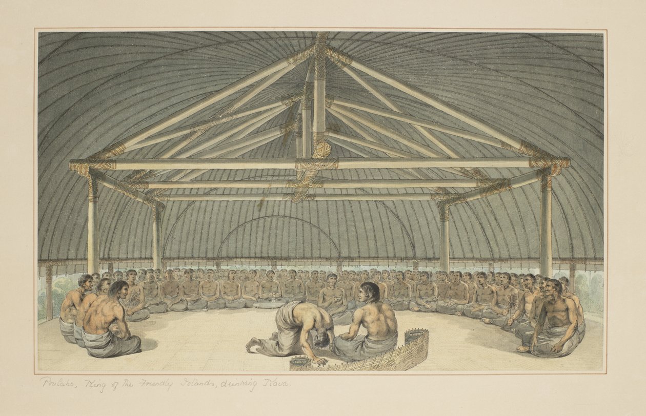 7: Poulaho, Ystävällisten saarten kuningas, juo Kavaa kapteeni Cookin viimeistä matkaa kuvaavasta vesivärisarjasta, n. 1773-84 tekijältä John Webber
