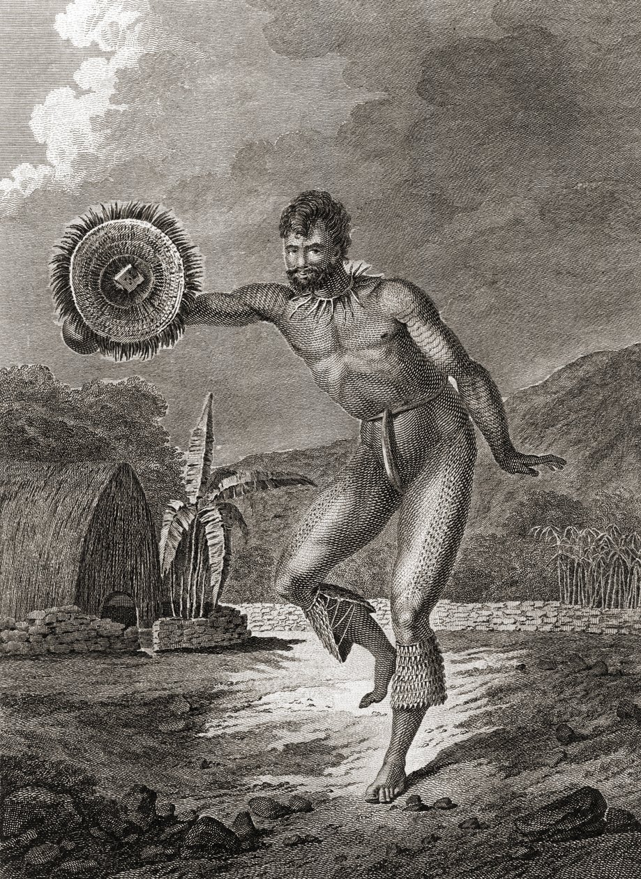 Tatuoitu tanssija perinteisessä puvussa, Havaiji, 1778 tekijältä John Webber