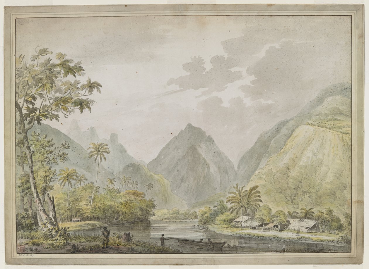 Näkymä Vaitepiha-joelle, kaksi tahitilaista kanootissa etualalla ja kaksi muuta rannalla. Tahitilaiset talot oikealla. elokuuta 1777 tekijältä John Webber