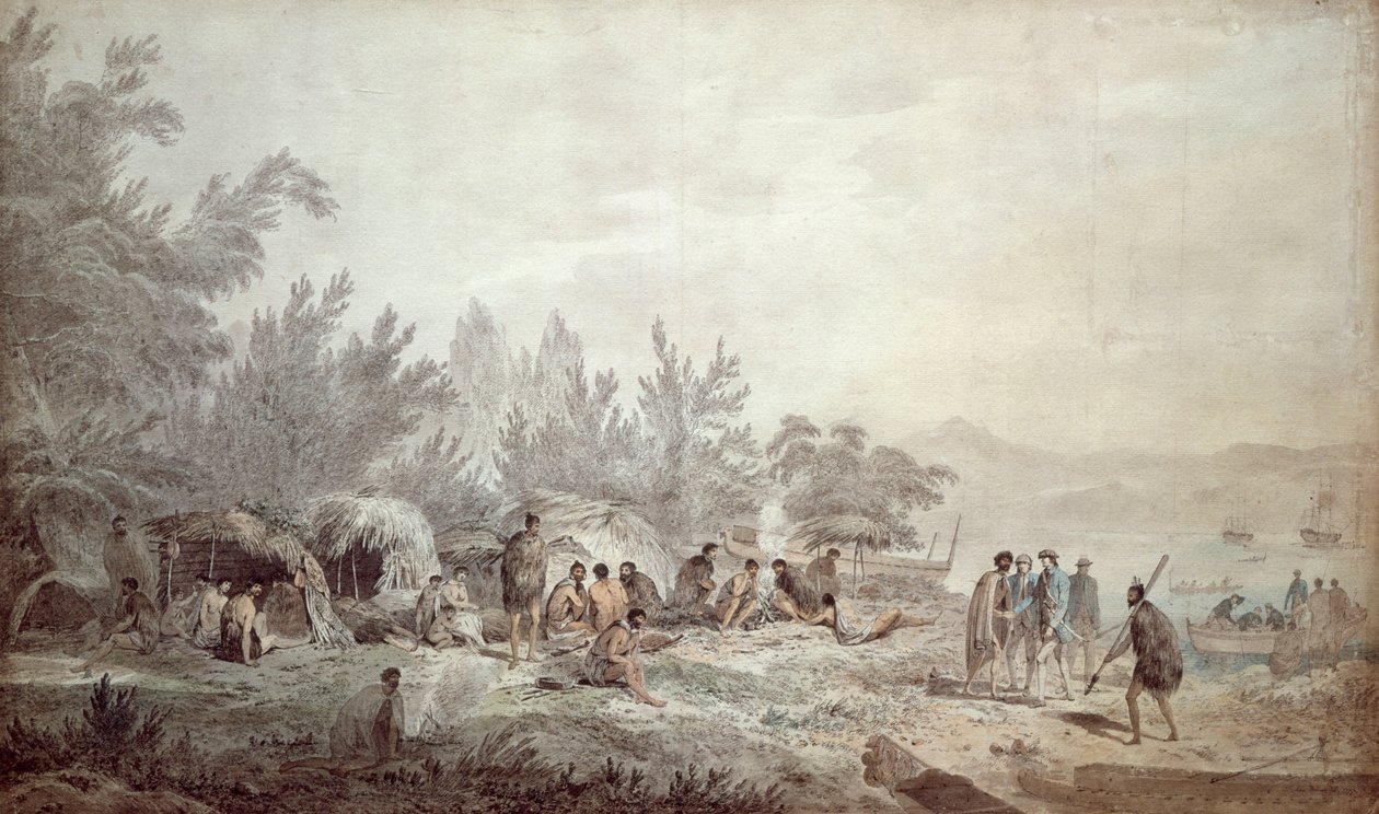 Kapteeni Cook Ship Cove -lahdessa, Queen Charlotte Soundissa tekijältä John Webber