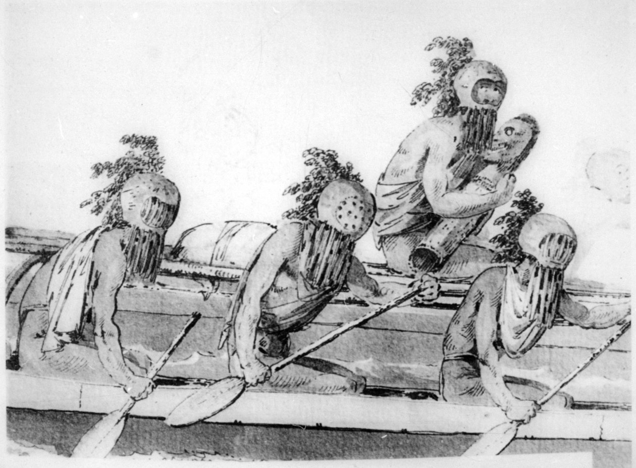 Kaksinkertainen kanootti soutajilla, Havaiji, 1700-luku tekijältä John Webber