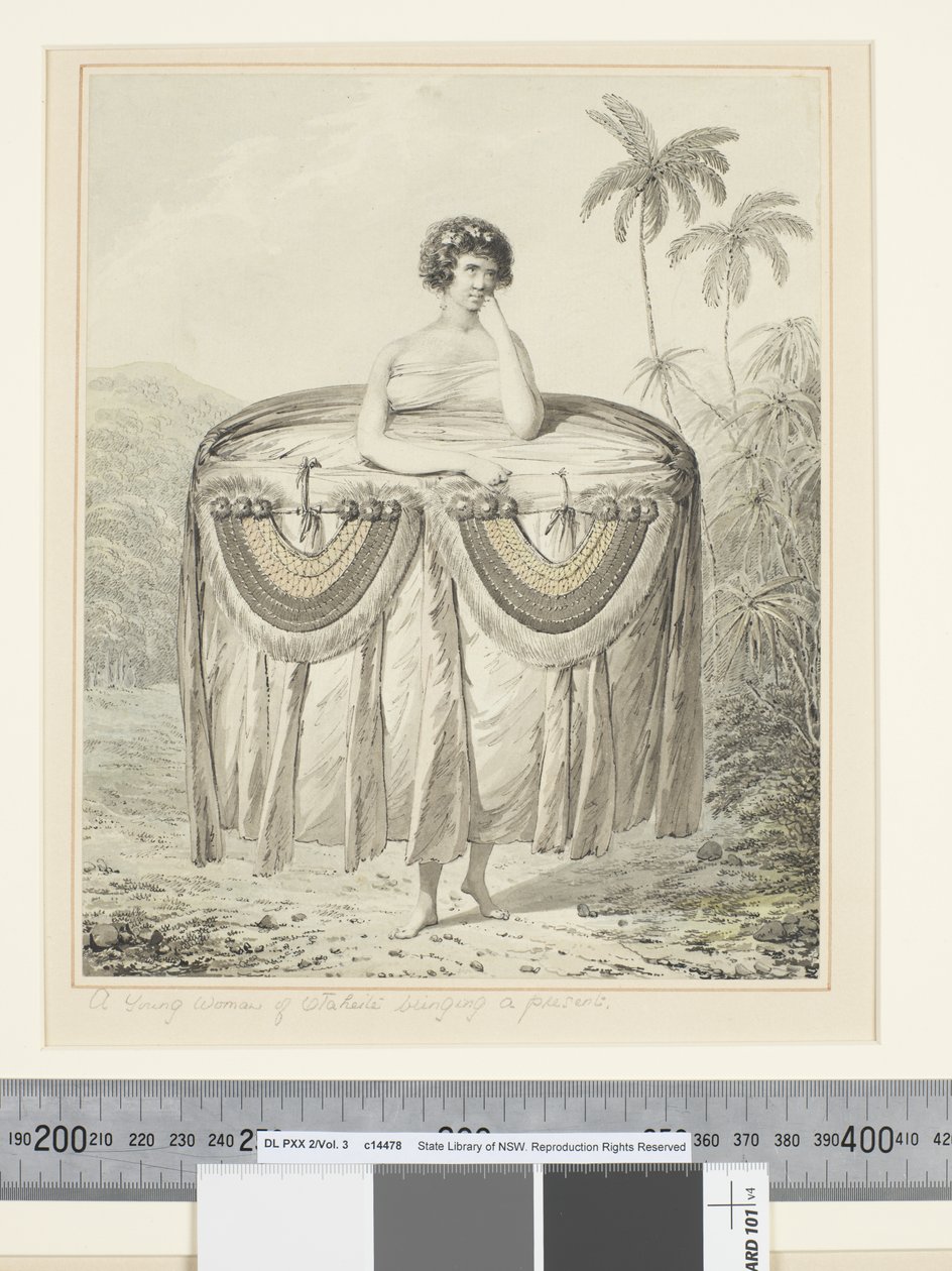 F.12 Nuori nainen Otaheitesta tuomassa lahjaa, n. 1773-84 (akvarelli) tekijältä John Webber