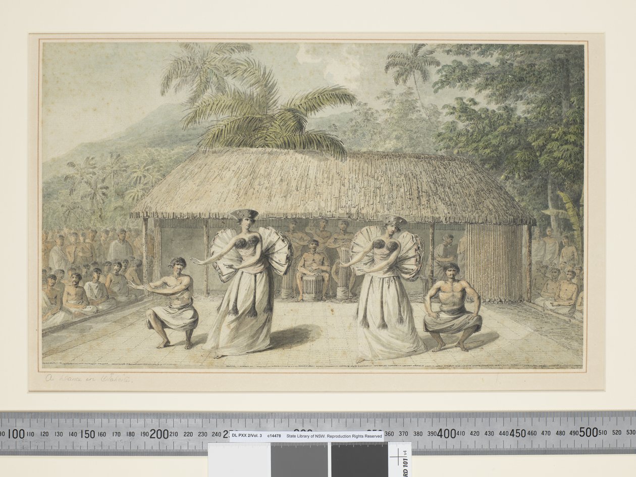 F.13 Tanssi Otaheitessa, n. 1773-1784 (akvarelli) tekijältä John Webber