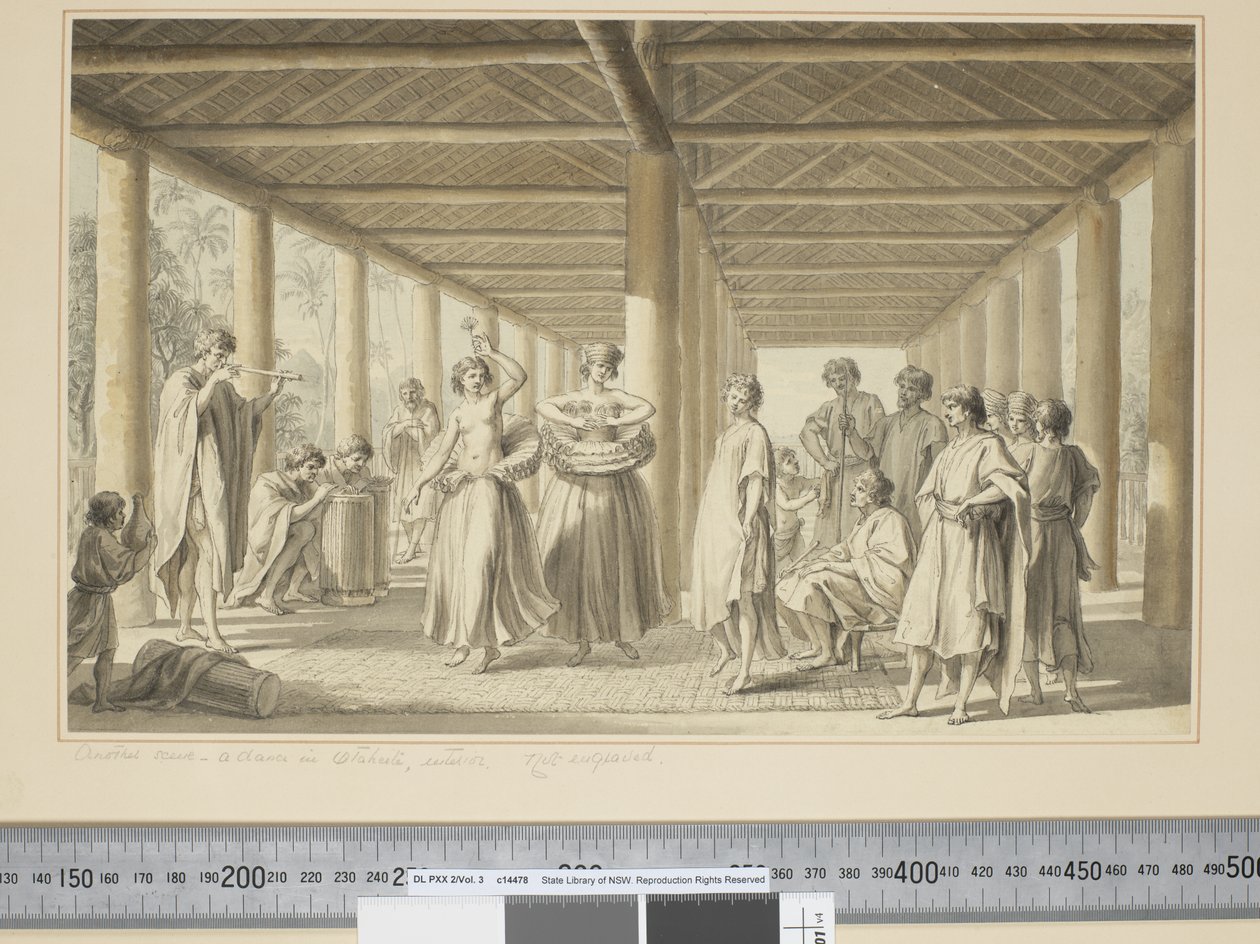 F.14 Toinen kohtaus, tanssi Otaheitessa, ulkokuva, n. 1773-84 (akvarelli) tekijältä John Webber