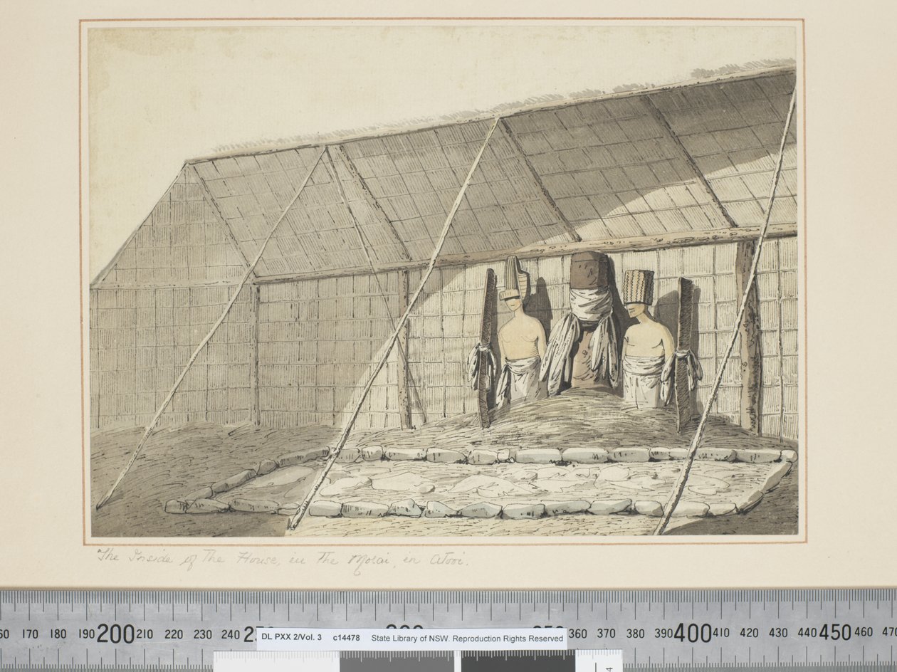 F.18 Talon sisäpuoli, Morai, Atooi, n. 1773-84 (akvarelli) tekijältä John Webber