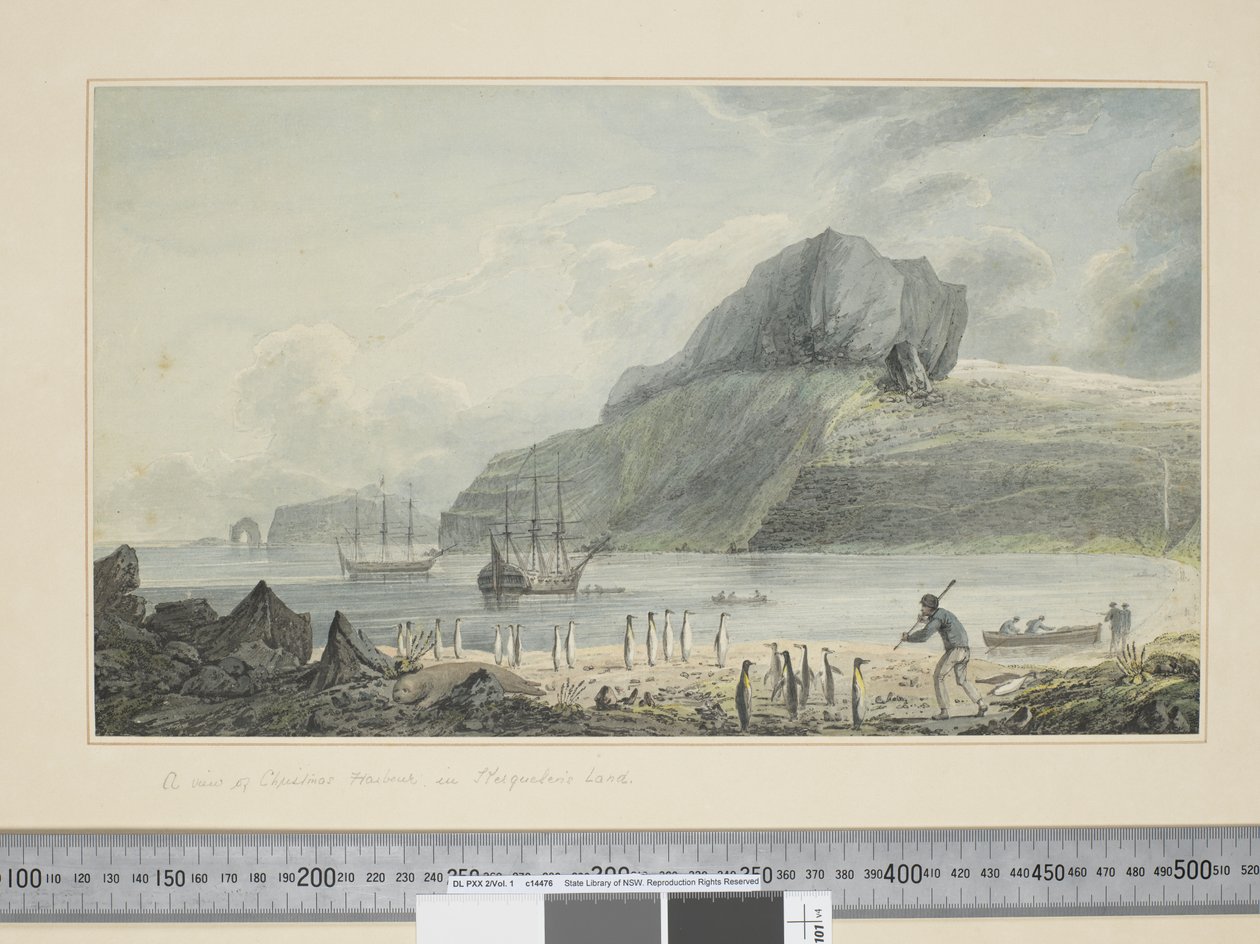 F.1 Näkymä Joulusatamasta Kerguelenin maassa, n. 1773-1784 (akvarelli- ja painokaiverrukset) tekijältä John Webber