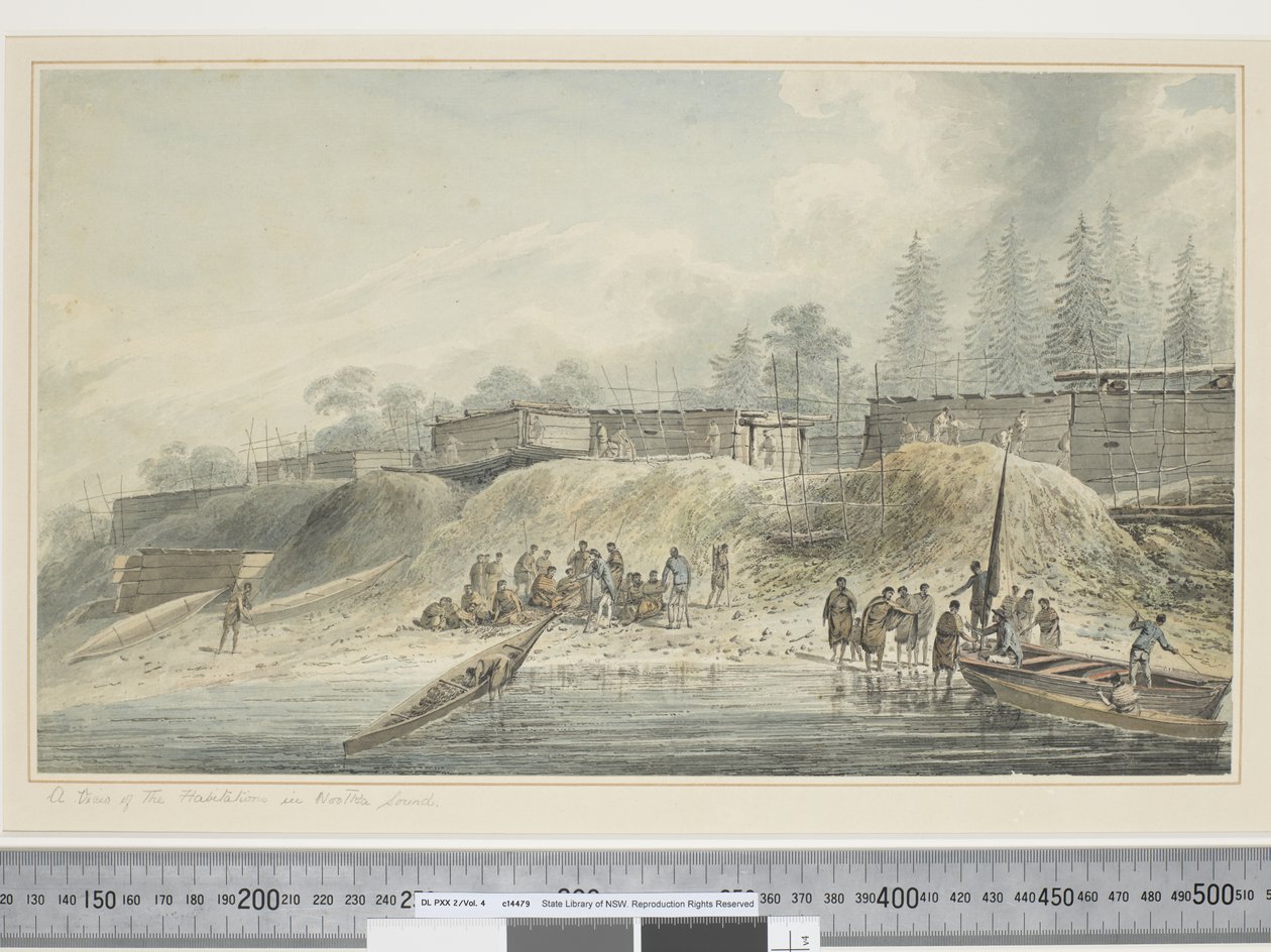 F.23 Näkymä Nootka Soundin asutuksista, n. 1773-84 (akvarelli) tekijältä John Webber