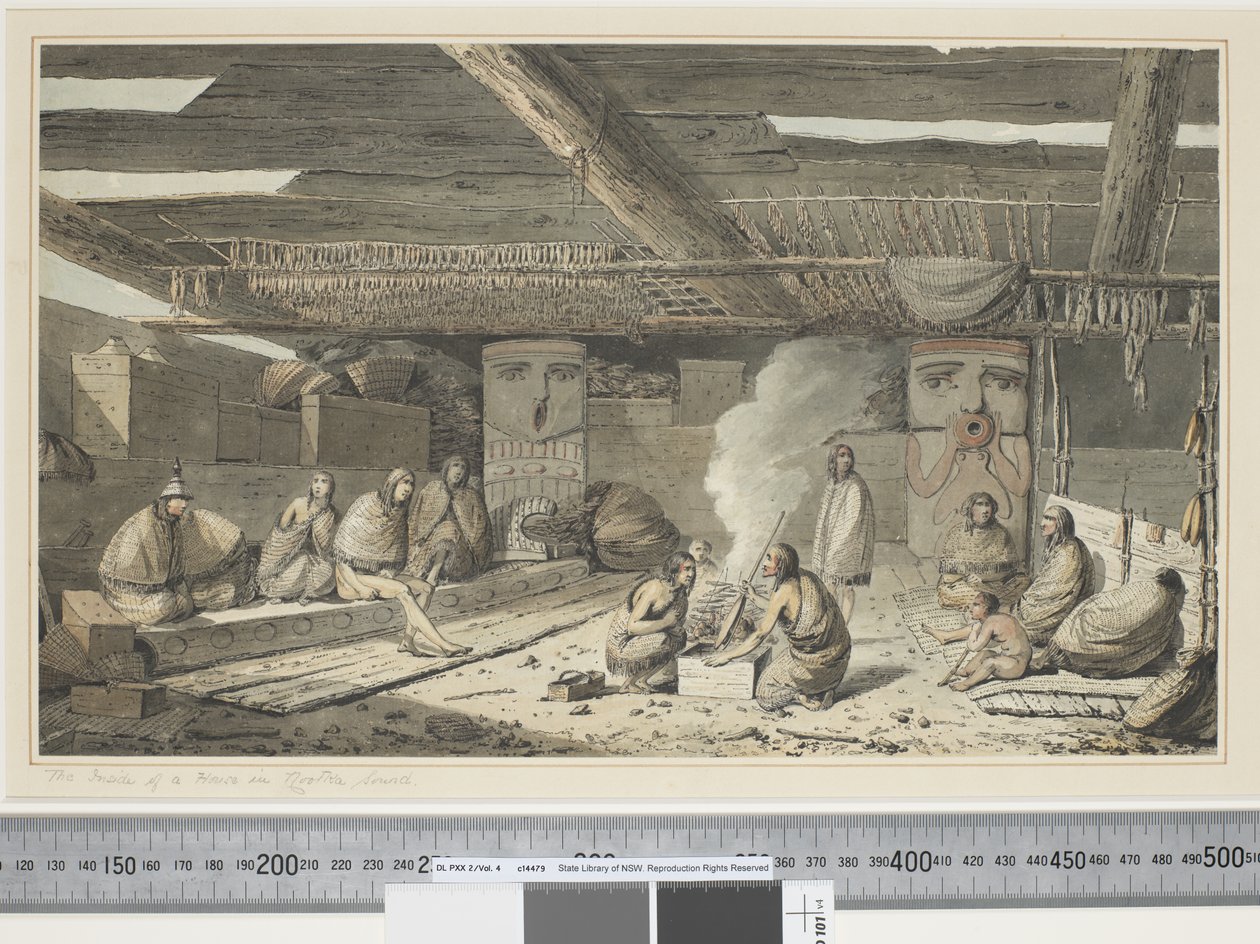 F.24 Talon sisäpuoli Nootka Soundissa, n. 1773-84 (akvarelli) tekijältä John Webber