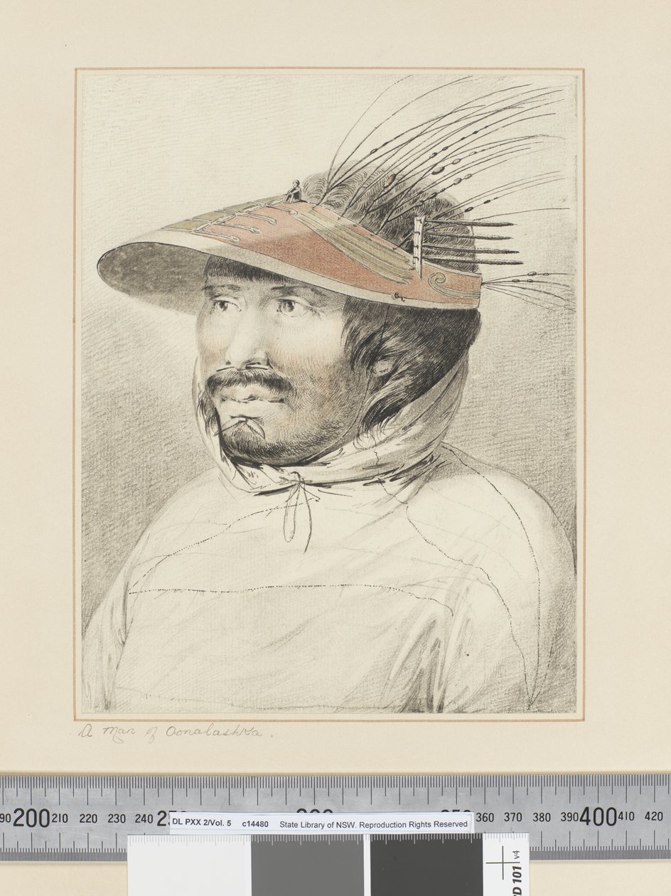 F.28 A Man of Oonalashka, n. 1773-84 (akvarelli) tekijältä John Webber