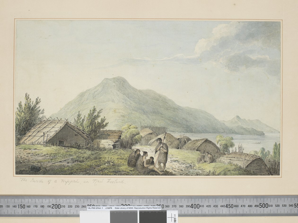F.2 Hippan sisäpuoli, Uusi-Seelanti sic, n. 1773-1784 (akvarelli- ja painokaiverrukset) tekijältä John Webber