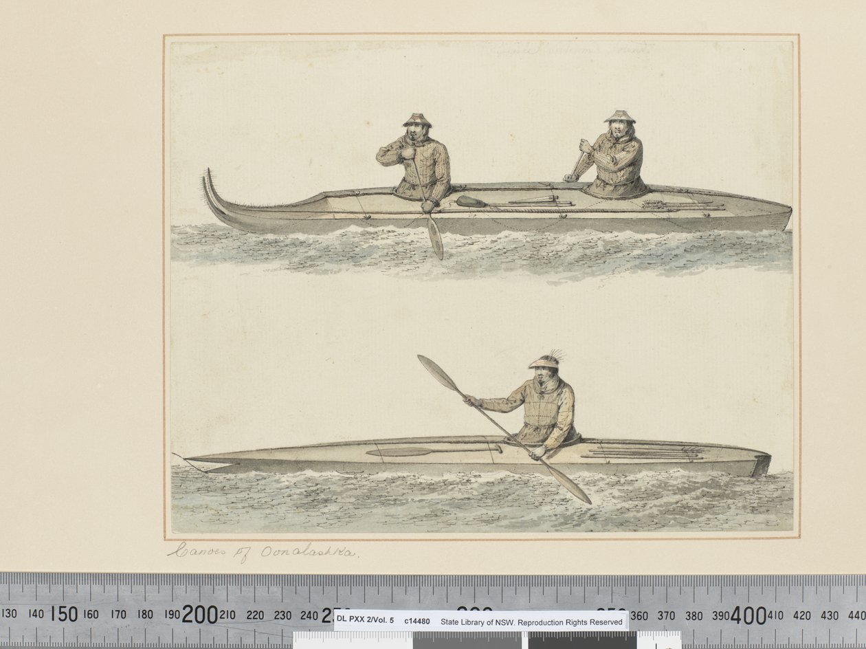F.30 Oonalashkan kanootit, Prinssi Williamin ääni, n. 1773-84 (akvarelli) tekijältä John Webber