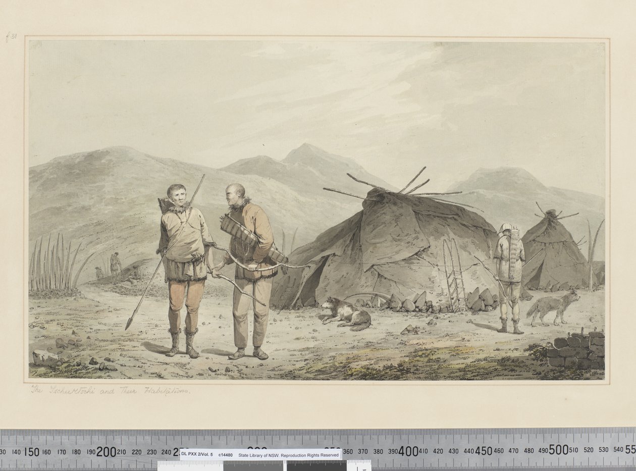 F.31 Tschuktschi ja heidän asuinpaikkansa, n. 1773-84 (akvarelli) tekijältä John Webber