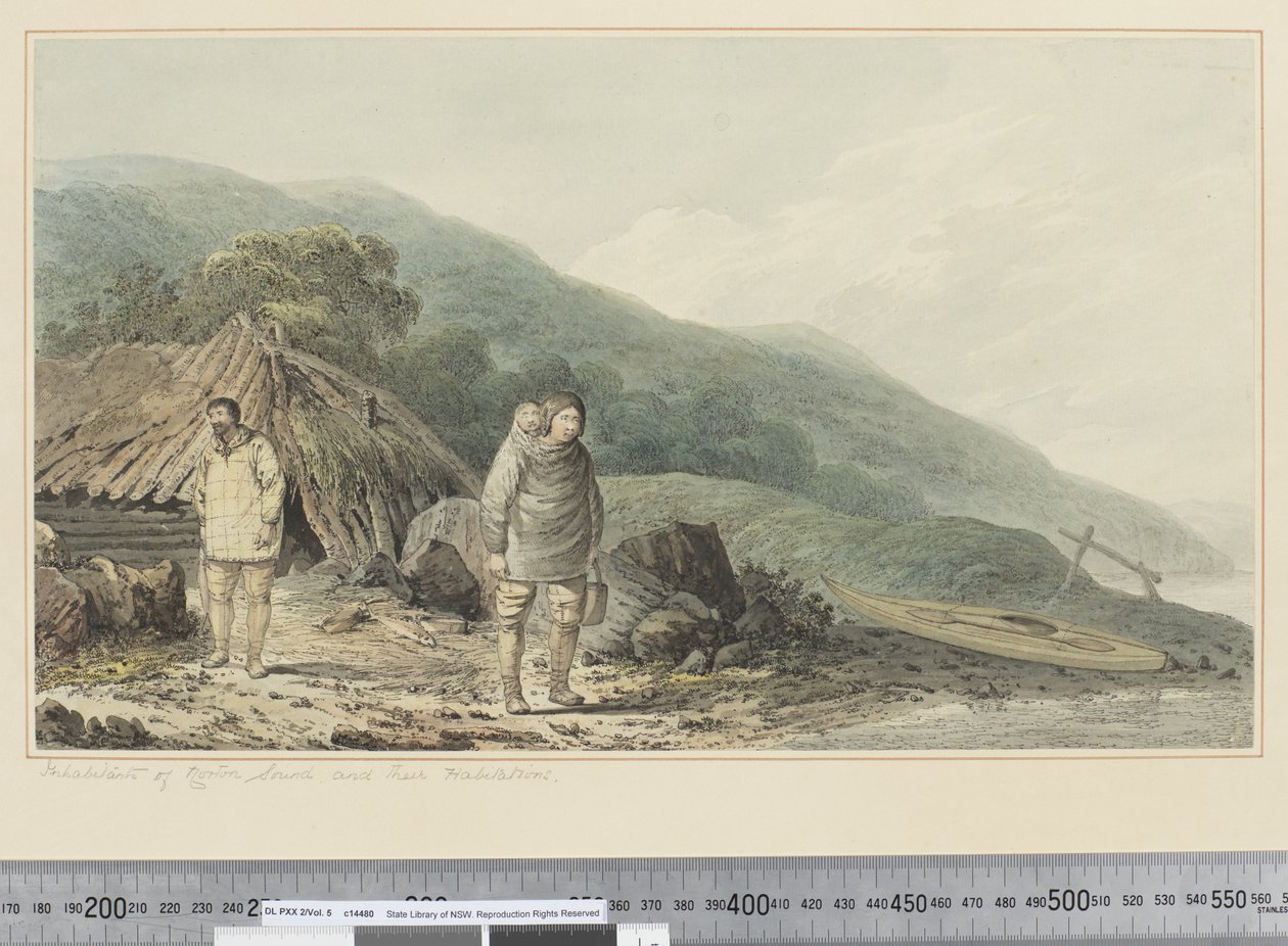 F.33 Norton Soundin asukkaat ja heidän asuinpaikkansa, n. 1773-84 (akvarelli) tekijältä John Webber