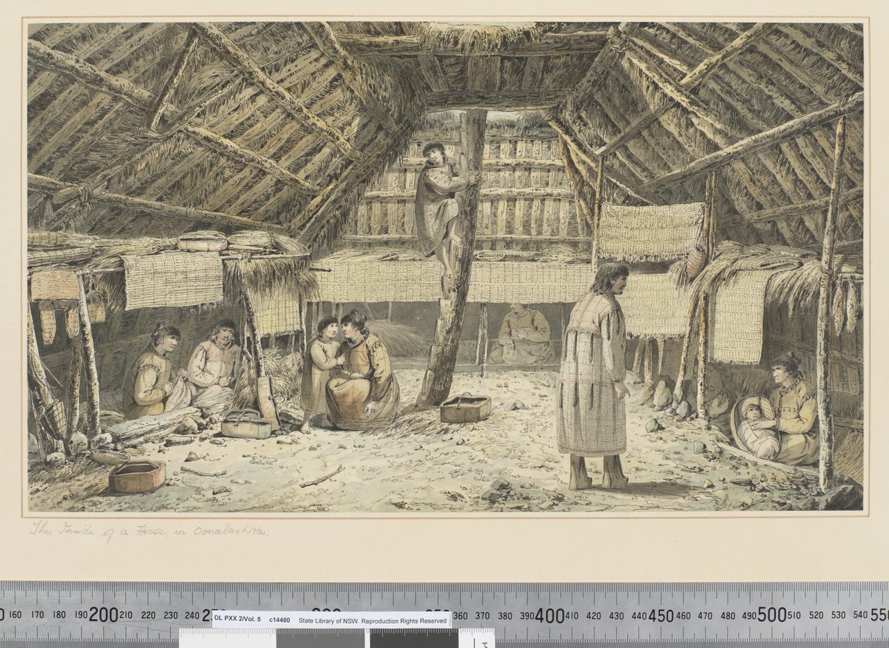 F.34 Talon sisäpuoli Oonalashkassa, n. 1773-84 (akvarelli) tekijältä John Webber