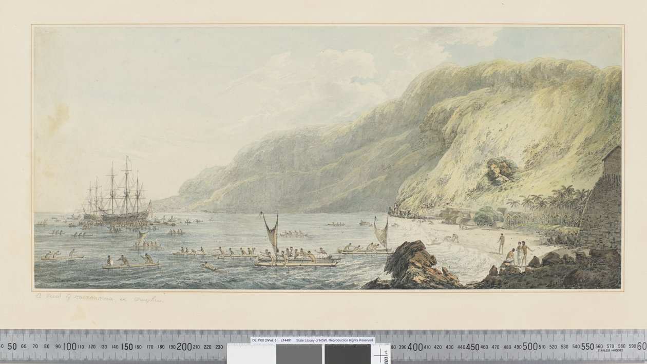 F.39 Näkymä Karakakooasta, Owyheessa, n. 1783-84 (akvarelli) tekijältä John Webber