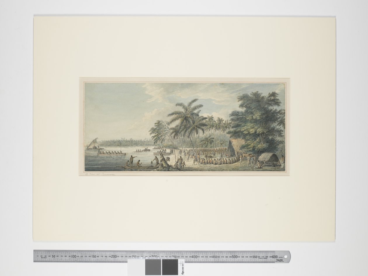 F.3 Näkymä Anamookassa, n. 1773-1784 (akvarelli- ja painokaiverrukset) tekijältä John Webber