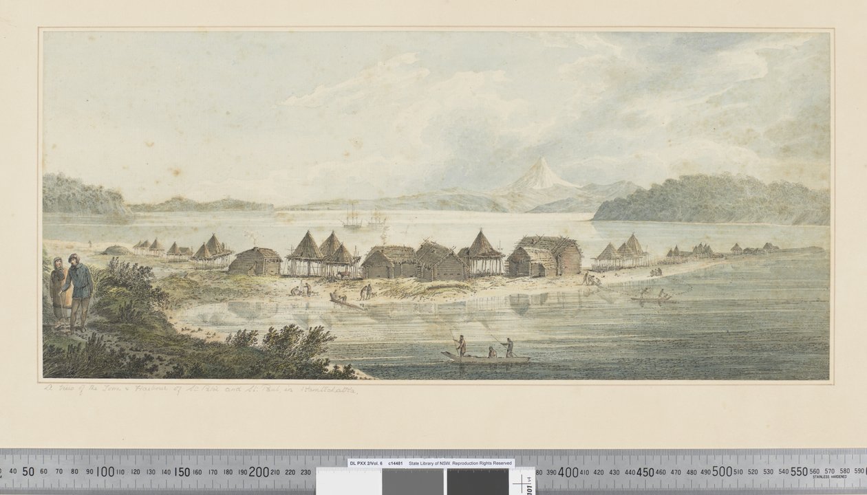 F.41 Näkymä Pyhän Pietarin ja Paavalin kaupunkiin ja satamaan Kamtschatkassa, n. 1783-84 (akvarelli) tekijältä John Webber