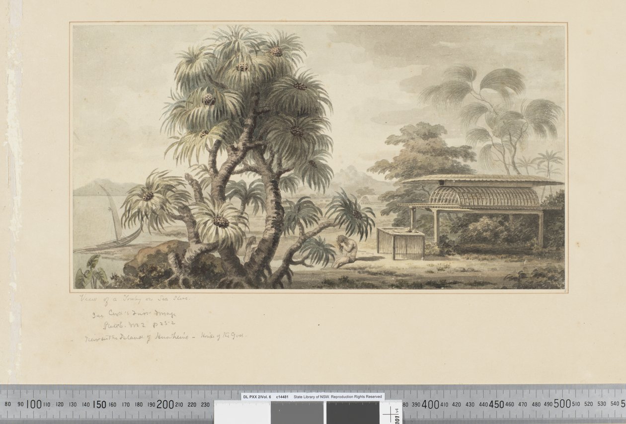 F.46 Näkymä haudasta meren rannalla, n. 1783-84 (akvarelli) tekijältä John Webber