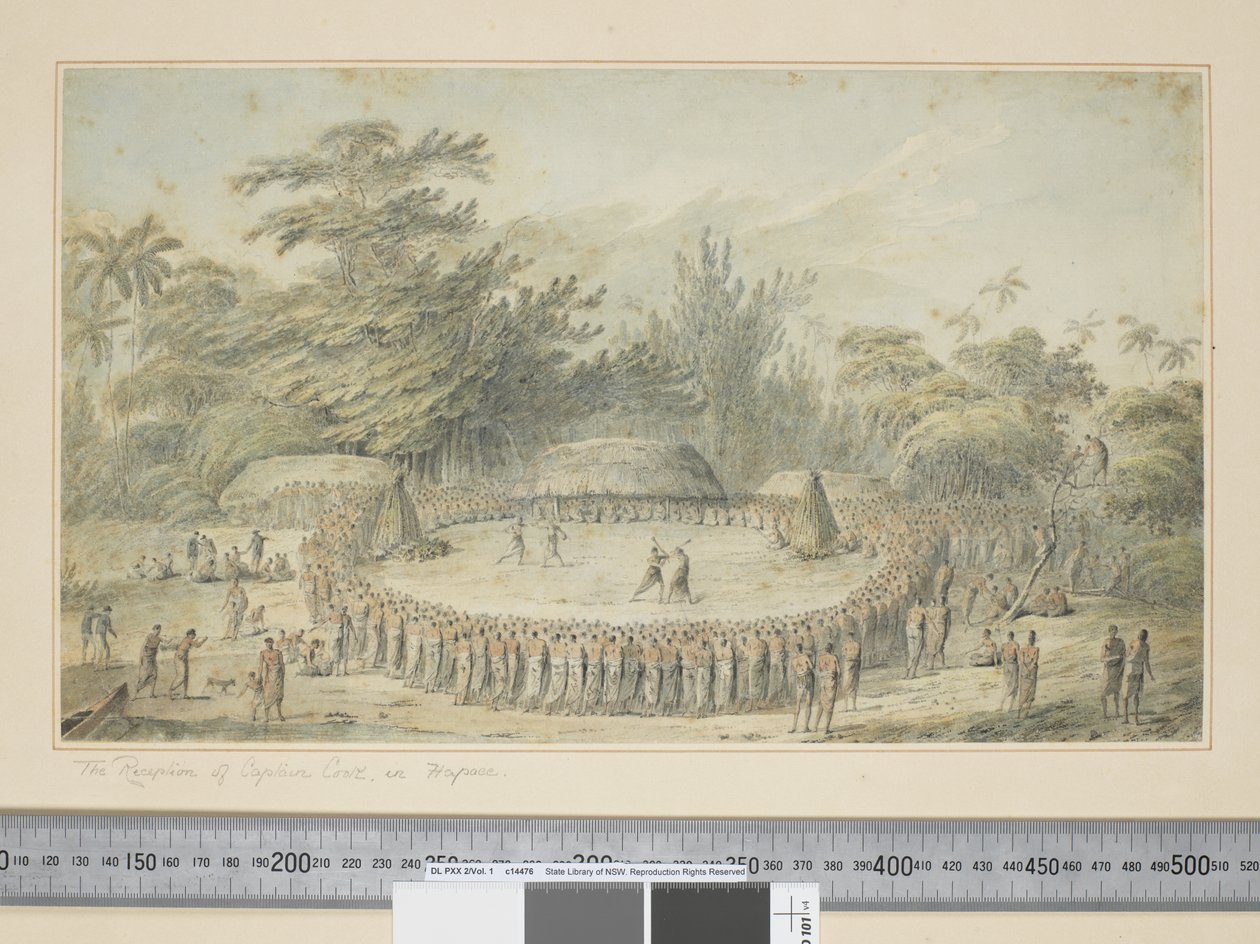 F.4 Kapteeni Cookin vastaanotto Hapaeessa, n. 1773-1784 (akvarelli- ja painokaiverrukset) tekijältä John Webber