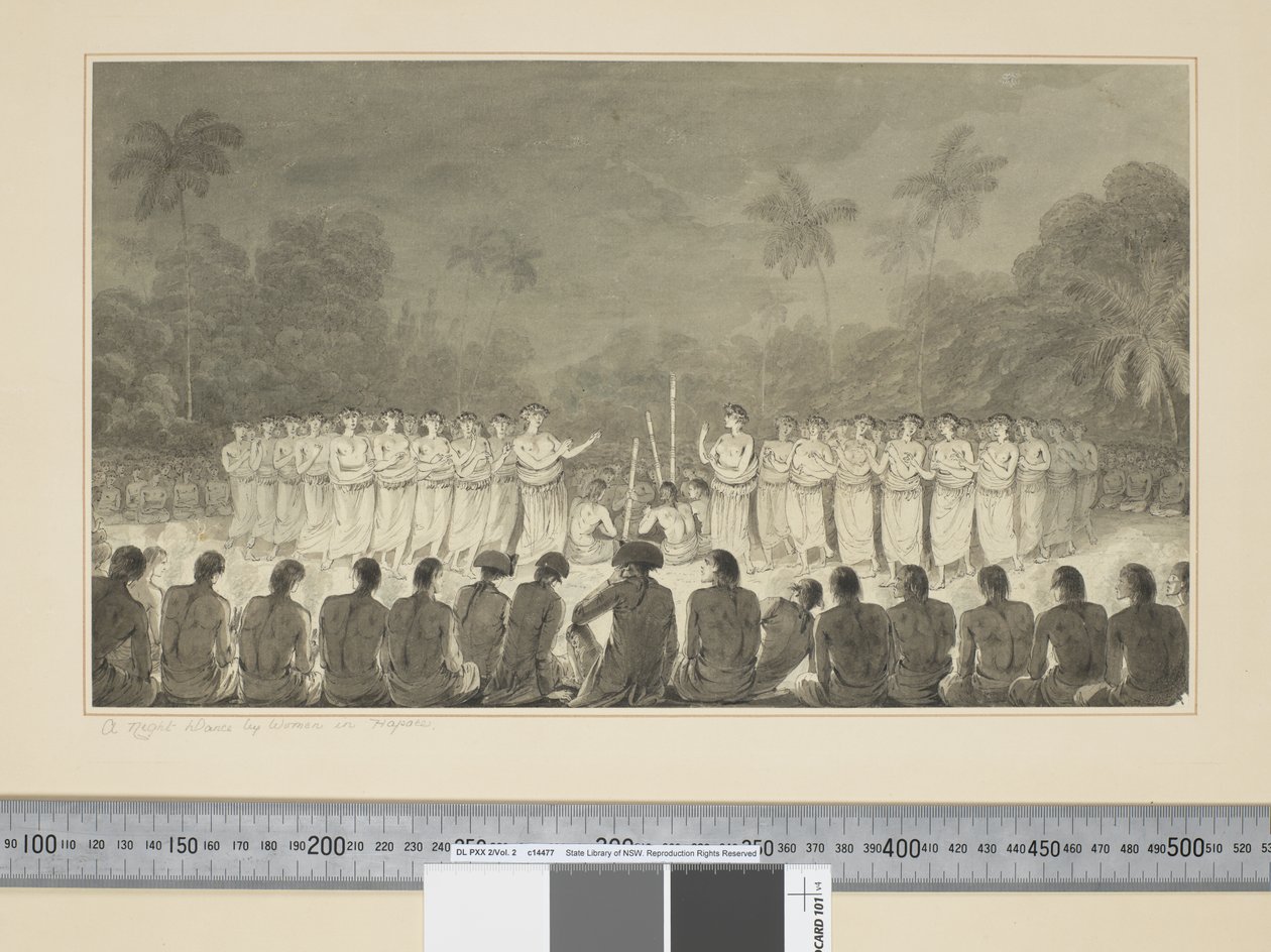 F.6 A Night Dance by Women in Hapaee, n.1773-84 (akvarelli) tekijältä John Webber