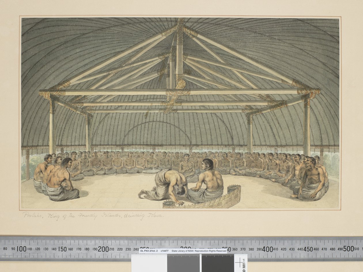 F.7 Poulaho, Ystävällisten saarten kuningas, juo Kavaa, n. 1773-84 (akvarelli) tekijältä John Webber