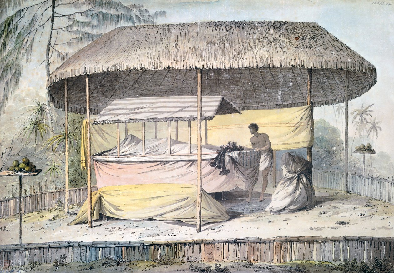 Hautajaiset kuolleen katoksen alla, Tahiti, Society Islands, akvarelli John Webber (1750-1793) kuvauksesta kapteeni James Cookin viimeisestä matkasta (1776-1779), Polynesia tekijältä John Webber
