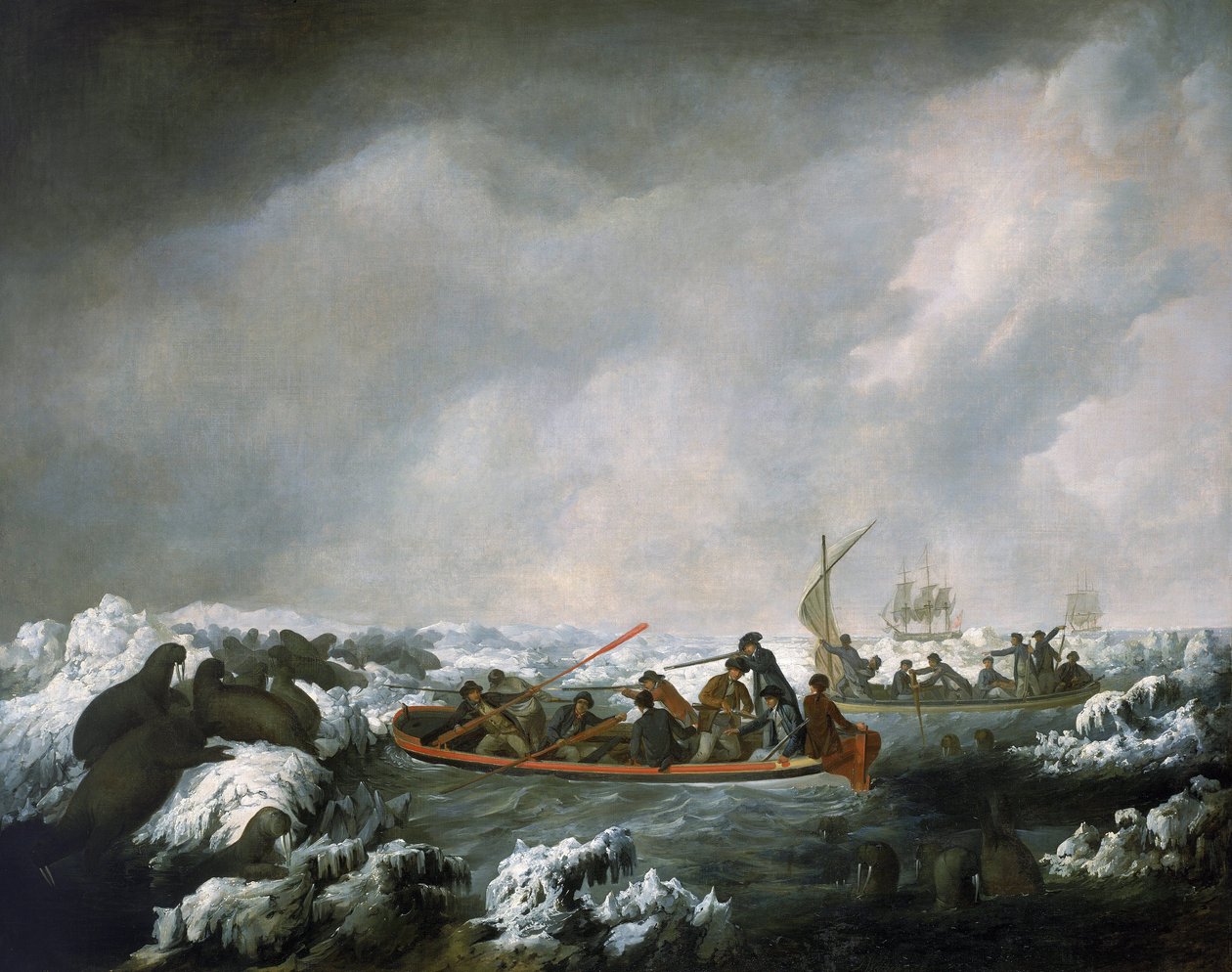 HMS "Resolution" -aluksen miehistön metsästysretki mursujen metsästykseen, James Cookin kolmannelta retkikunnalta (1776-1780) (1728-1779) palaavan maalarin muistomerkki tekijältä John Webber