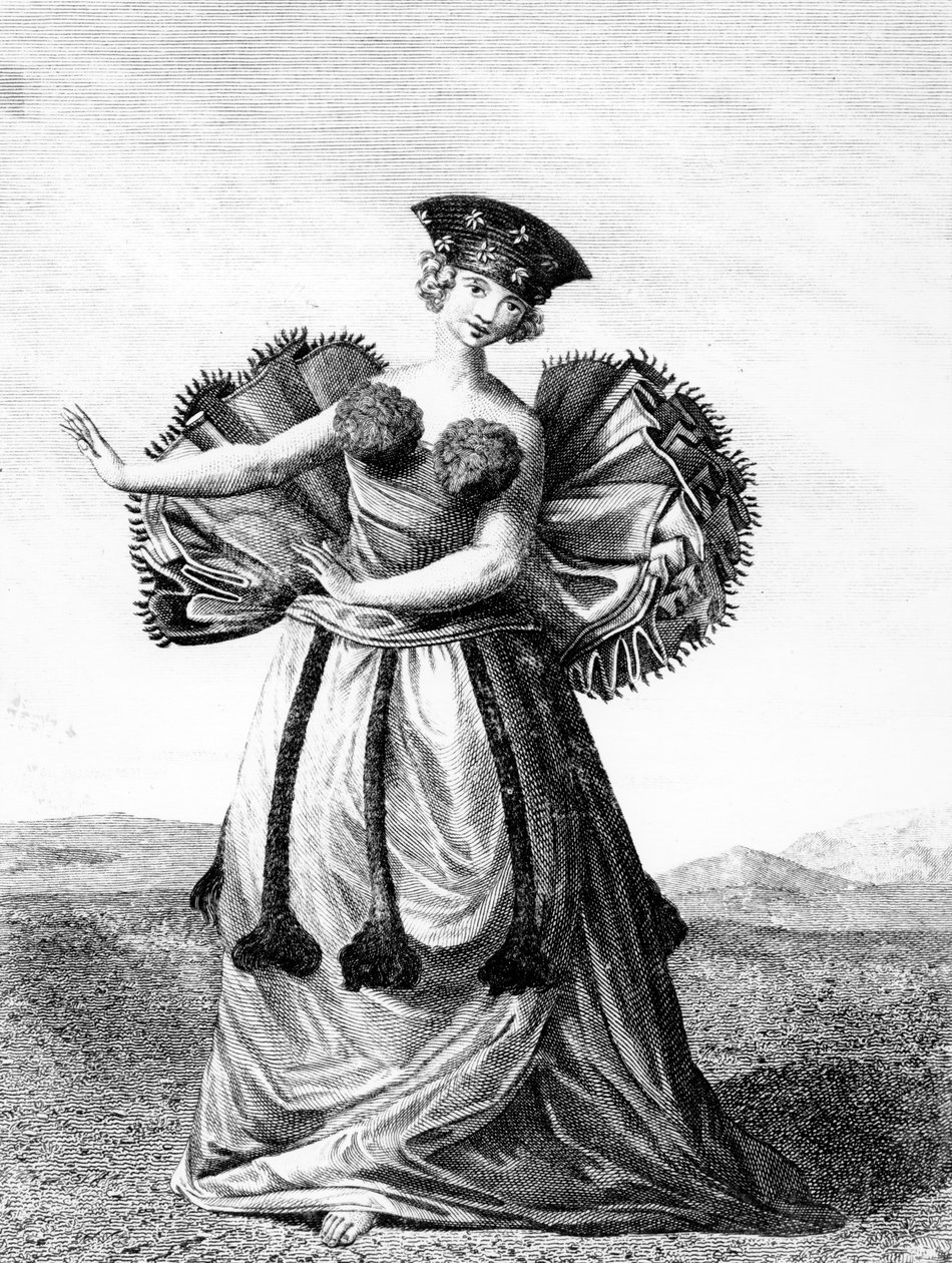 Otaheitelaisen nuoren naisen tapa tanssia, n. 1785 (kaiverrus) tekijältä John Webber