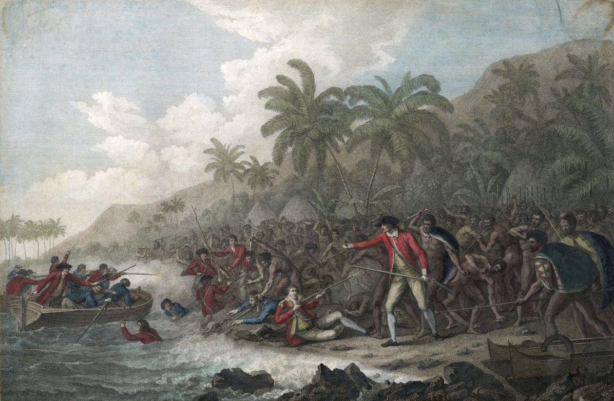 Kapteeni James Cook (1728-1779, brittiläinen tutkimusmatkailija) tappoi Havaijin alkuperäisasukkaiden Kealakekua Bayssä, Sandwichsaarilla (Polynesia), vuonna 1779 - Kapteeni James Cookin kuolema 14. helmikuuta tekijältä John Webber